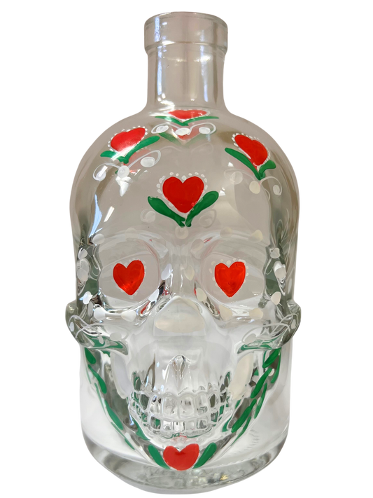 Hand Painted Skull Bottle - Red Heart Eyes