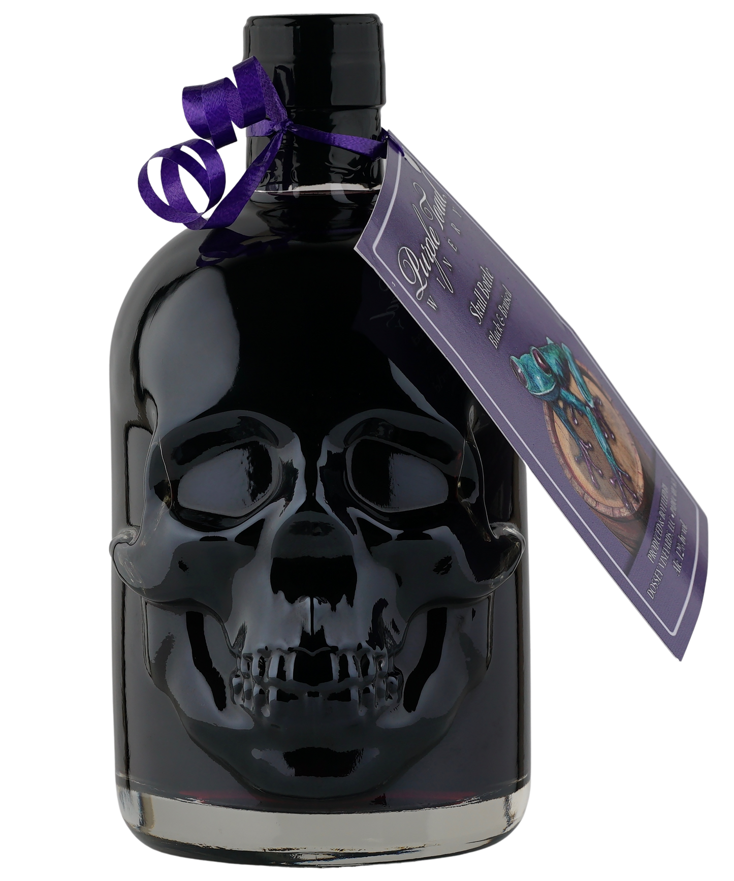 Purple Toad Halloween Skull Bottle filled with Black & Bruised wine on a white background.