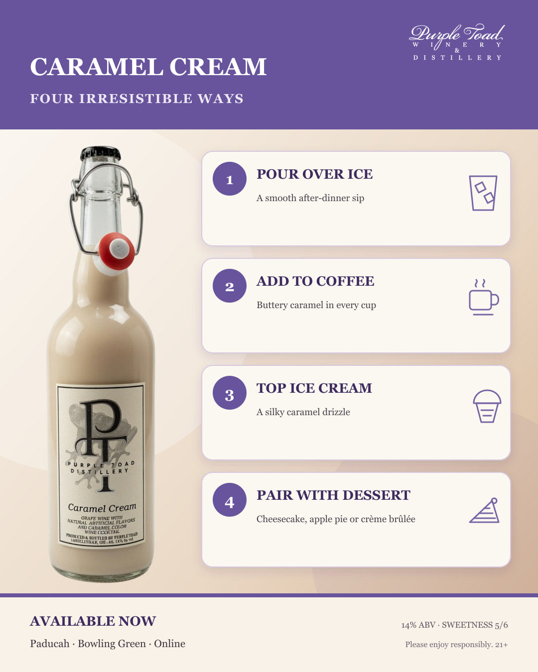 Caramel Cream bottle with four illustrated serving ideas from Purple Toad Winery and Distillery