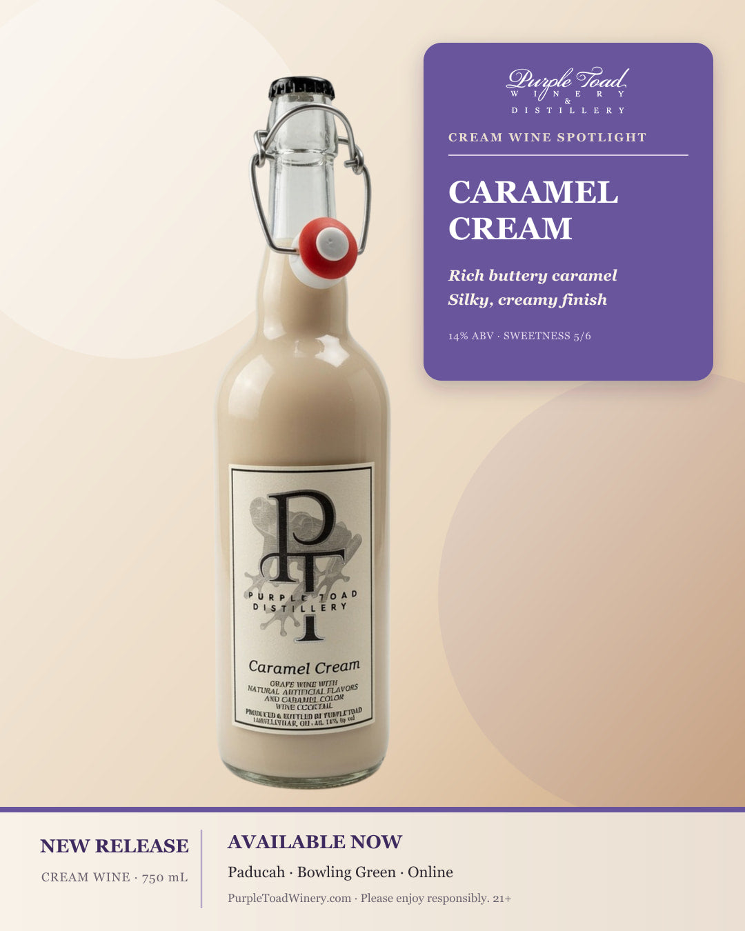 Caramel Cream spotlight with bottle, tasting notes, and tasting-room availability