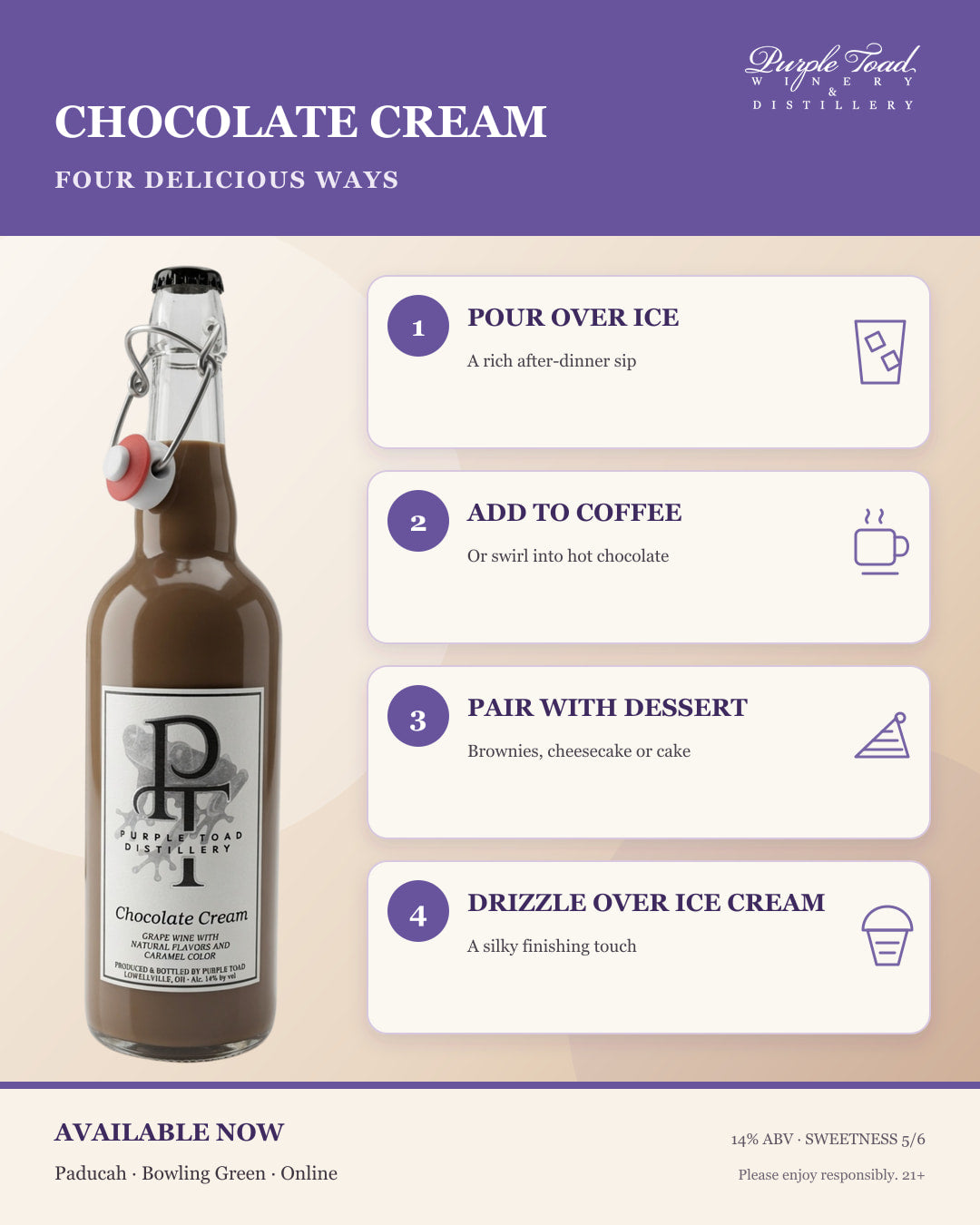 Chocolate Cream bottle with four illustrated serving ideas from Purple Toad Winery and Distillery