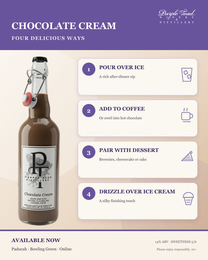 Chocolate Cream bottle with four illustrated serving ideas from Purple Toad Winery and Distillery