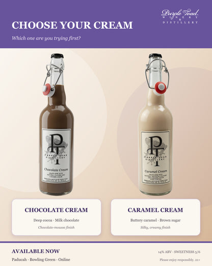 Chocolate Cream and Caramel Cream bottles with flavor notes and a choose-your-favorite prompt