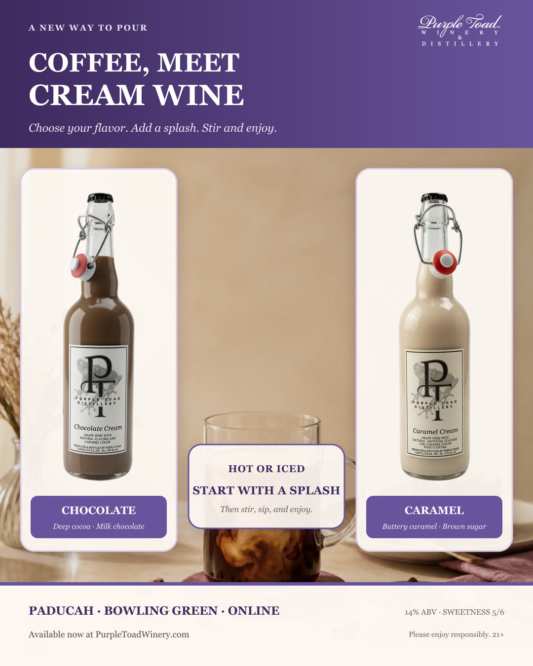 Chocolate Cream and Caramel Cream with coffee serving suggestion from Purple Toad Winery and Distillery