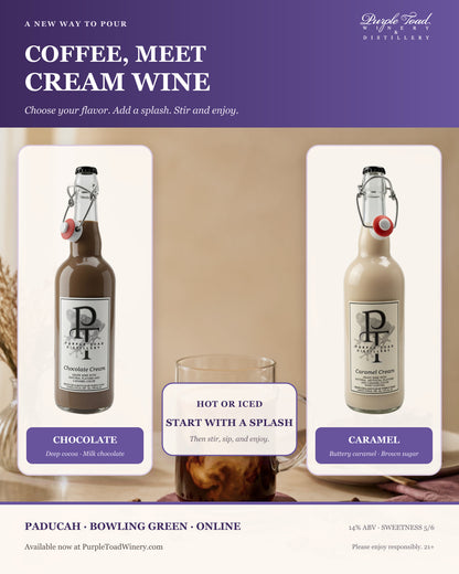 Chocolate Cream and Caramel Cream with coffee serving suggestion from Purple Toad Winery and Distillery