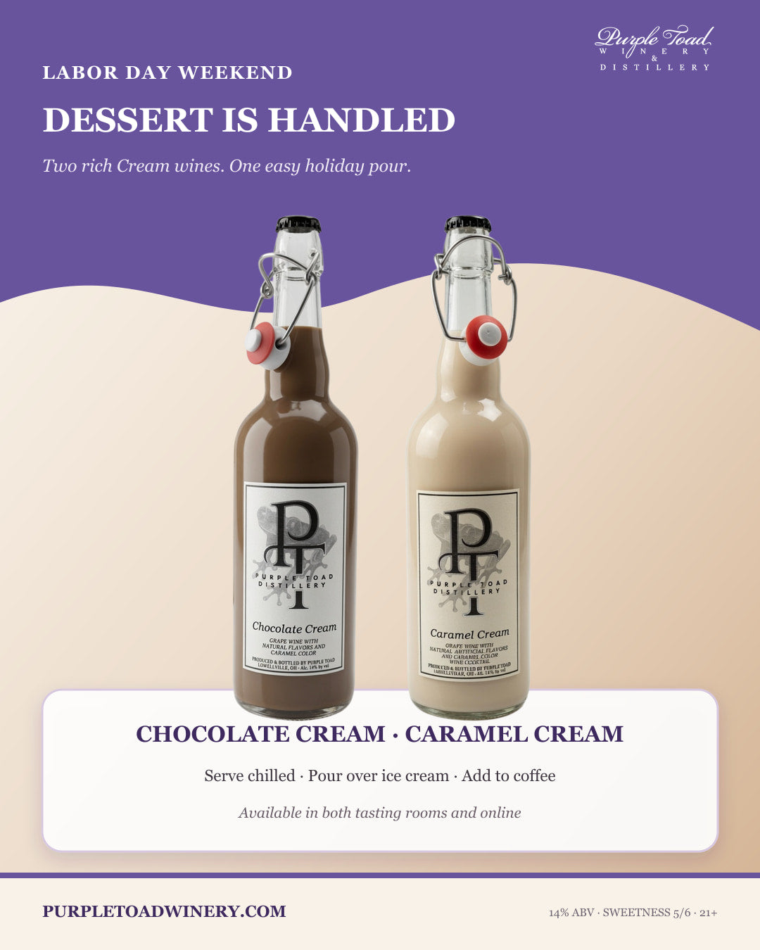 Chocolate Cream and Caramel Cream Labor Day dessert serving ideas from Purple Toad Winery and Distillery