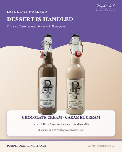 Chocolate Cream and Caramel Cream Labor Day dessert serving ideas from Purple Toad Winery and Distillery