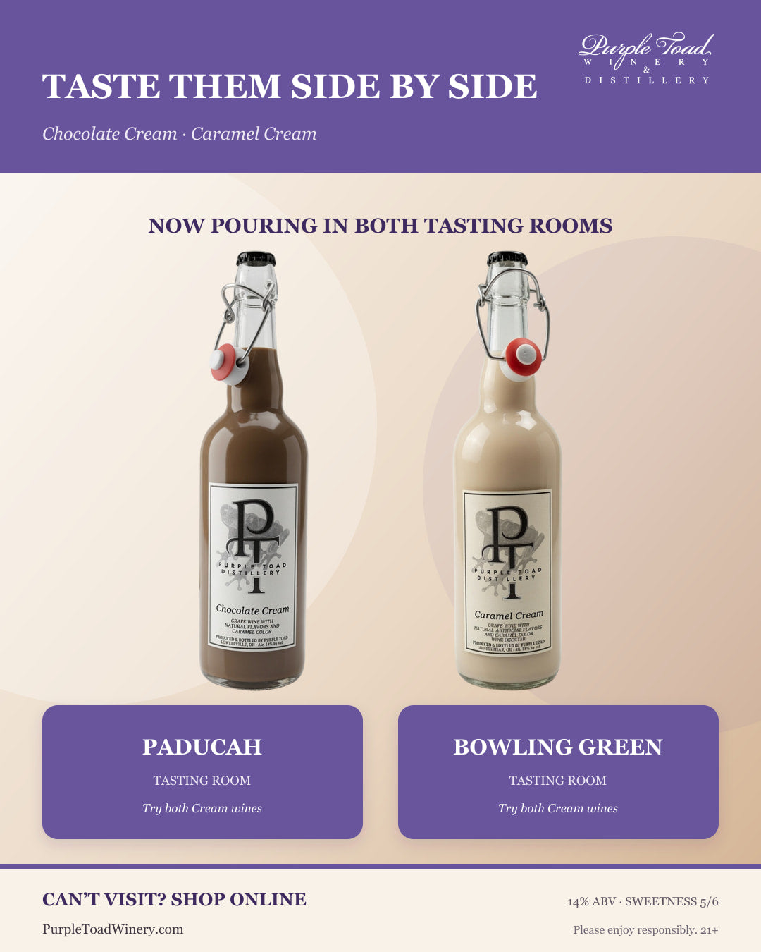 Chocolate Cream and Caramel Cream bottles with Paducah and Bowling Green tasting-room callouts