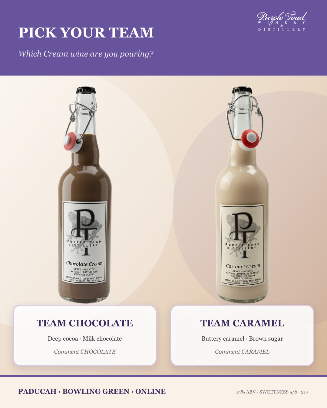 Team Chocolate and Team Caramel Cream wine comparison from Purple Toad Winery and Distillery