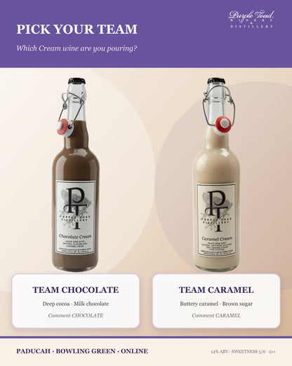 Team Chocolate and Team Caramel Cream wine comparison from Purple Toad Winery and Distillery