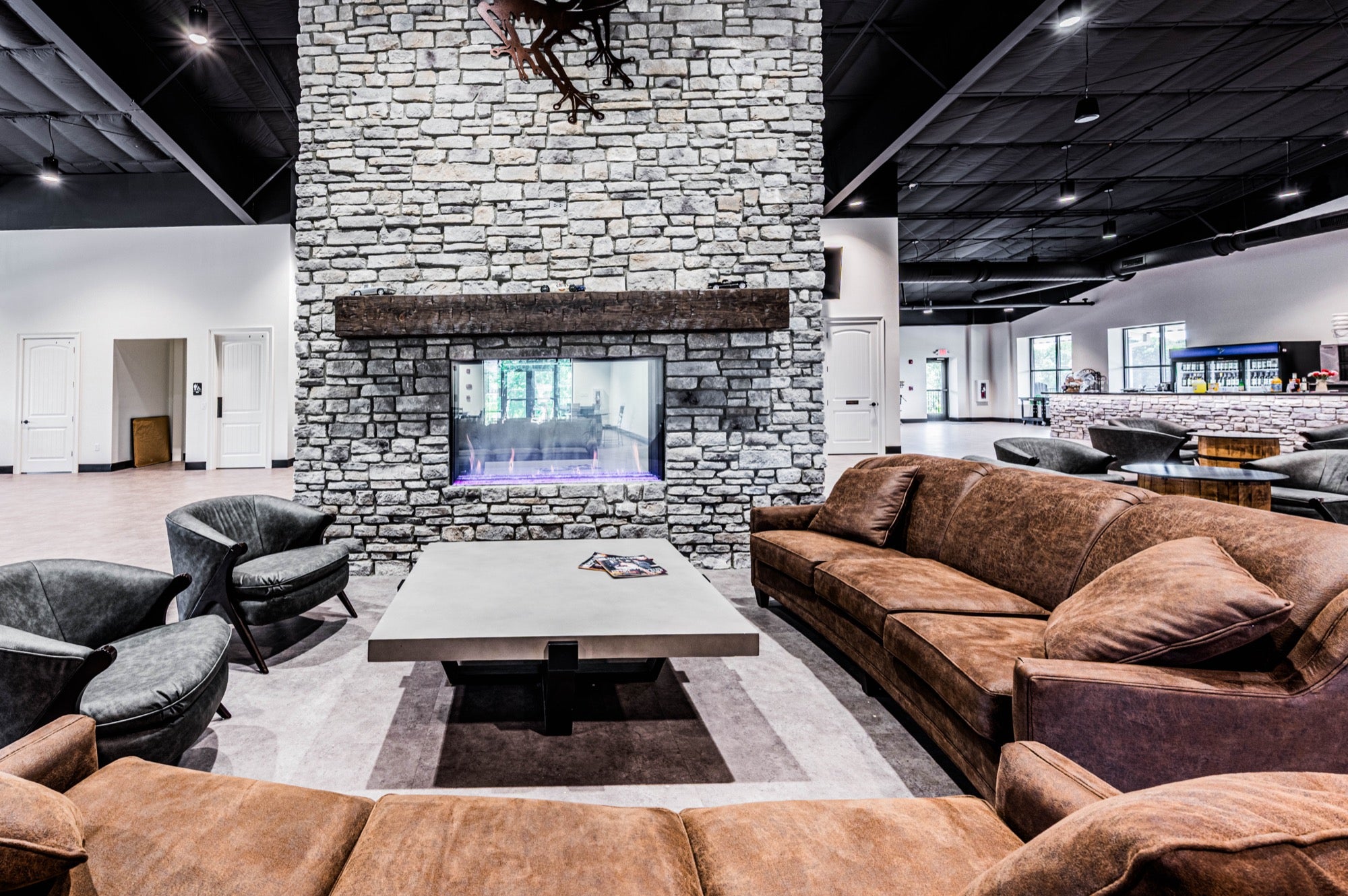 Fireplace lounge inside Purple Toad Winery and Distillery in Bowling Green, Kentucky