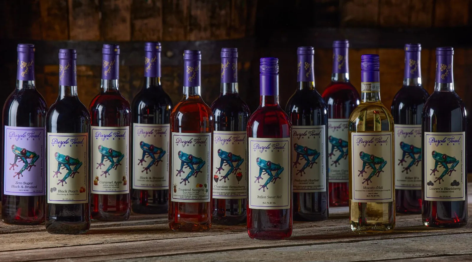 A lineup of Purple Toad wines